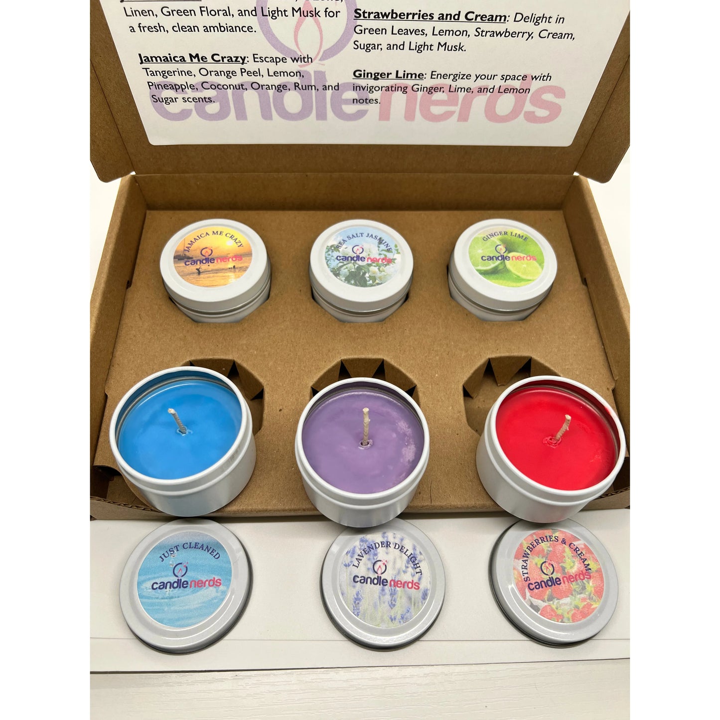 candle box assorted, front open, red, blue, purple, ginger, jamaica me, just cleaned