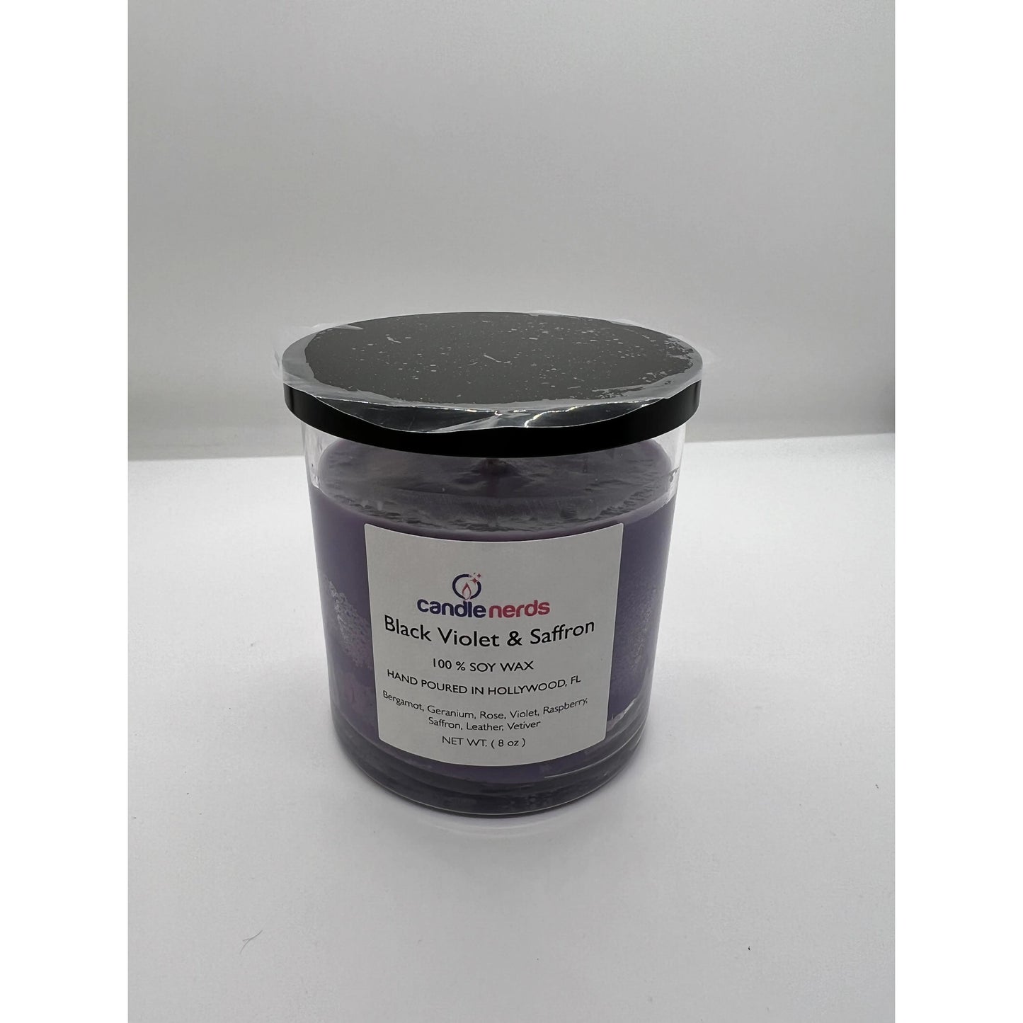Black Violet Saffron Soy Wax Candle, white background made with soybeans