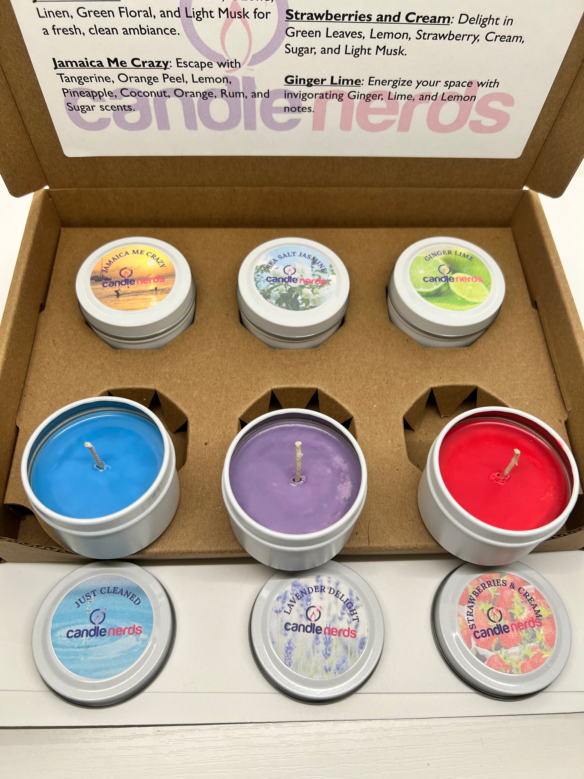 candle box assorted, front open, red, blue, purple, ginger, jamaica me, just cleaned