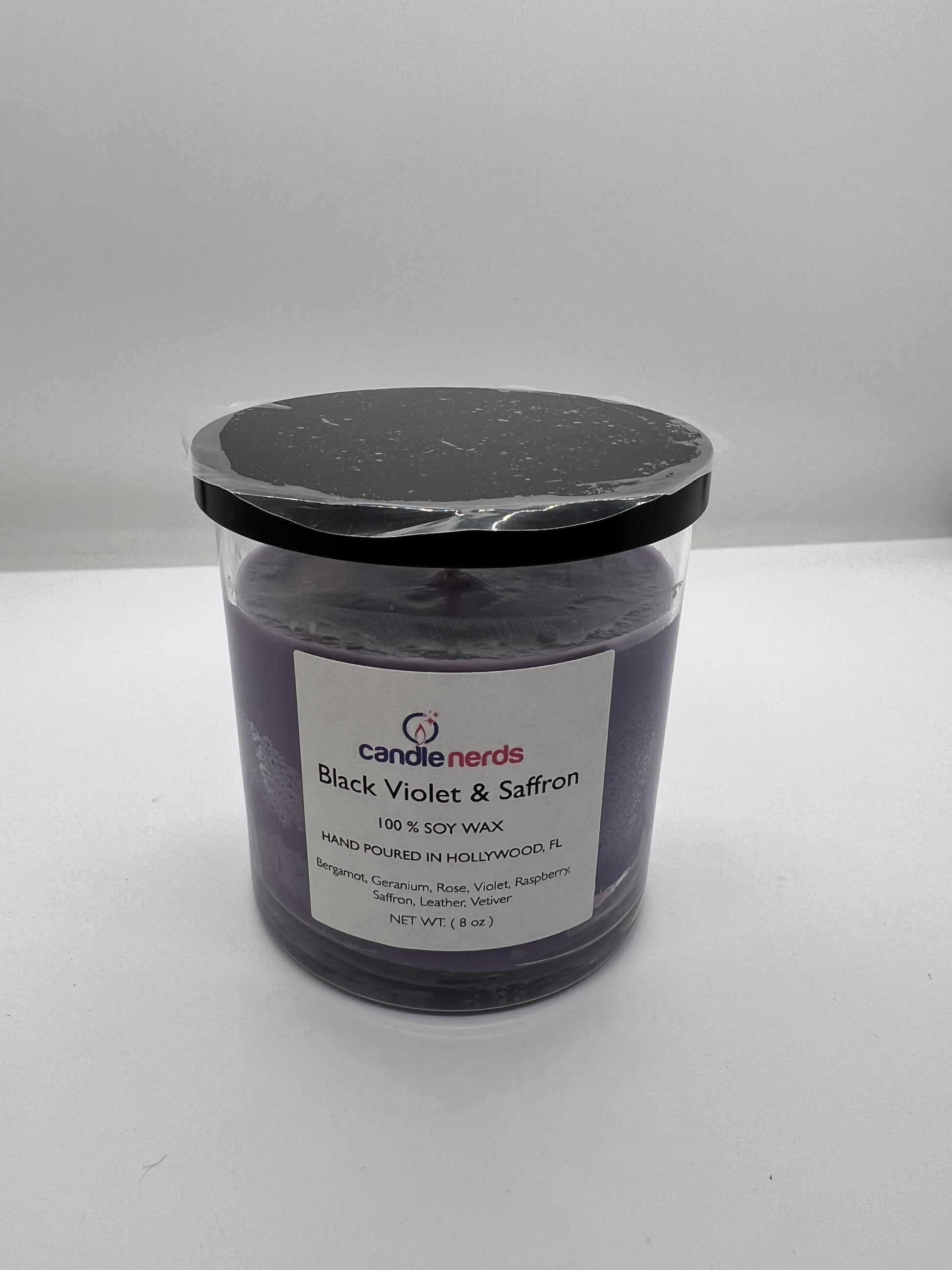 Black Violet Saffron Soy Wax Candle, white background made with soybeans