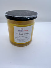 Load image into Gallery viewer, Sea Salt and Jasmine Soy Wax Candle in a Glass Jar with a Black Lid
