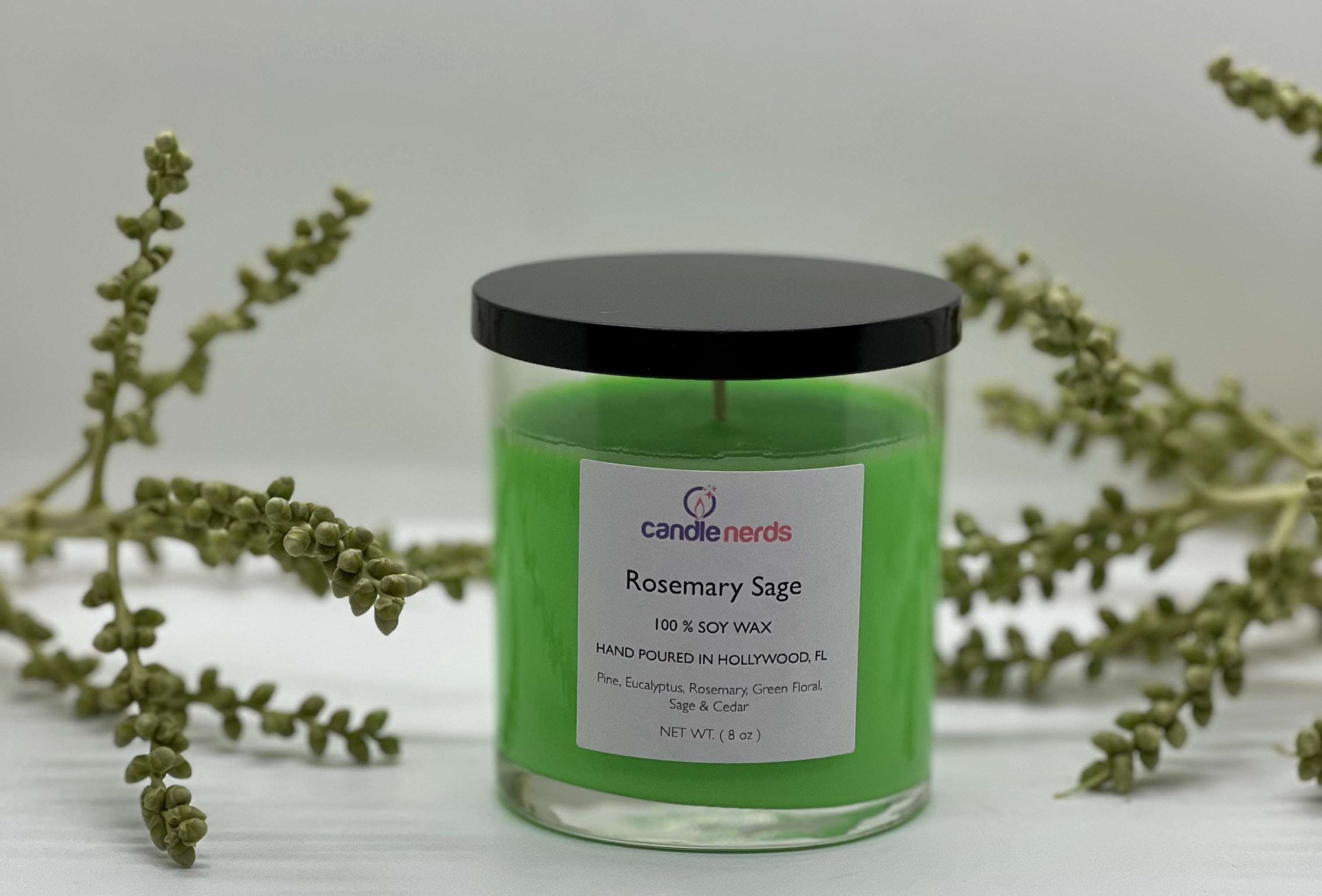 Rosemary Sage Soy Wax Candle in a Glass Jar with a Black Lid